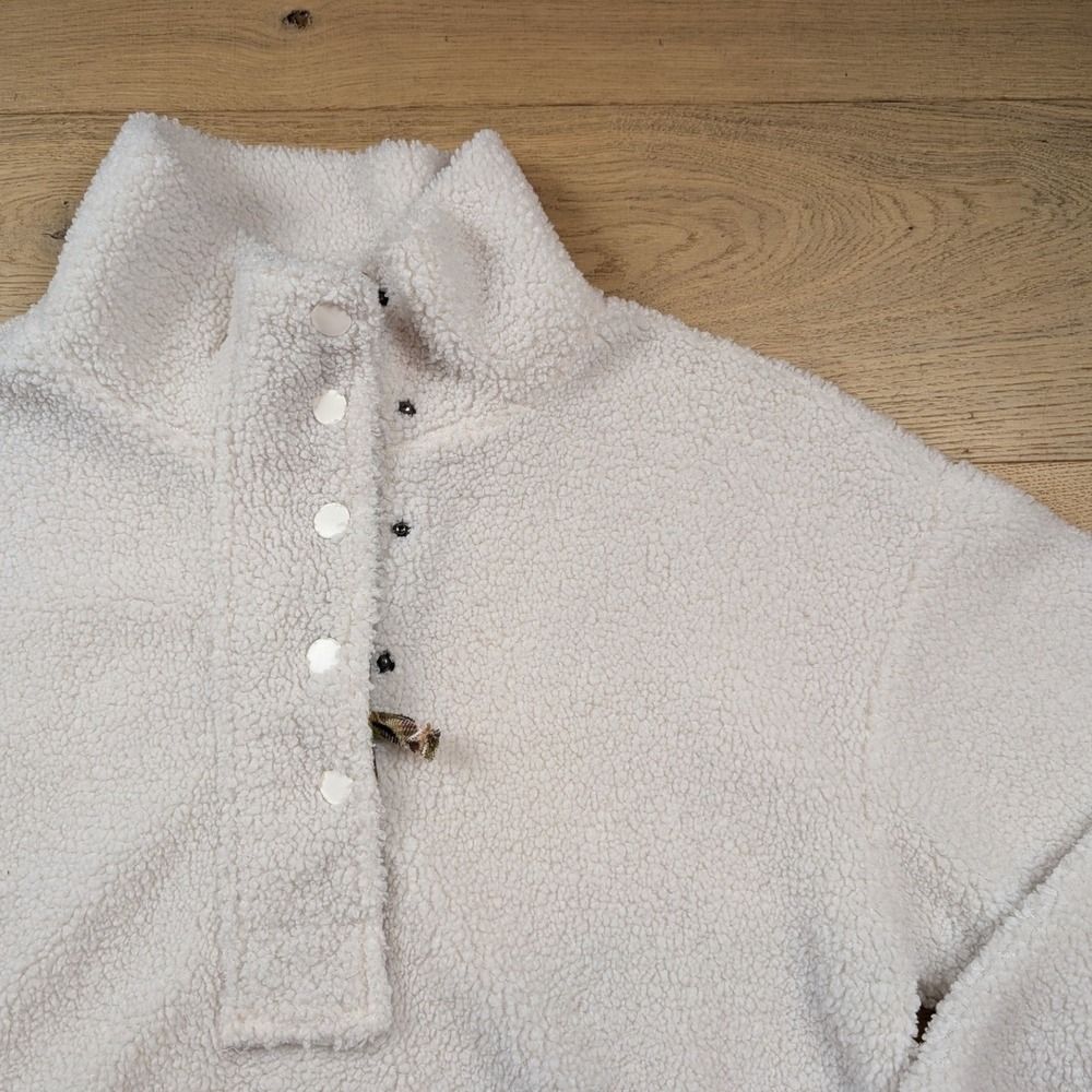 Simply Southern Sherpa Fleece Pullover Cream Plaid Trim Mock Neck Snap Large - Picture 3 of 9